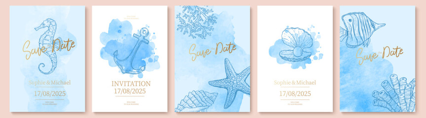 Set of wedding cards, invitation. Save the date sea style design. Blue watercolor wash.  Summer background. Hand drawn seashells, fish, seahorse with golden texture. © olechkaart