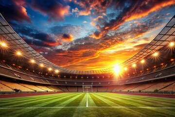 Panoramic Sunset Stadium: Empty Seats, Golden Hour Glow