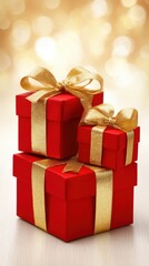 Fototapeta premium Three red gift boxes with gold ribbons and bows arranged on a wooden table surface.