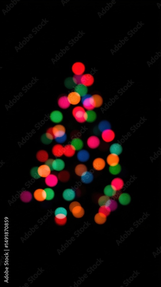 Poster bright, multicolored lights arranged in a triangular pattern on a solid black background, ideal for 