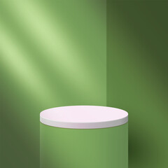 3D realistic minimalist empty podium design template in an isolated green background. Green color abstract podium background design vector with shadow overlay effect. Backdrop studio art. 