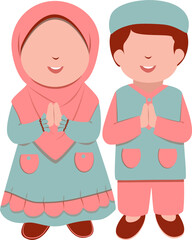 Adorable Muslim Children in Traditional Clothing, Greeting