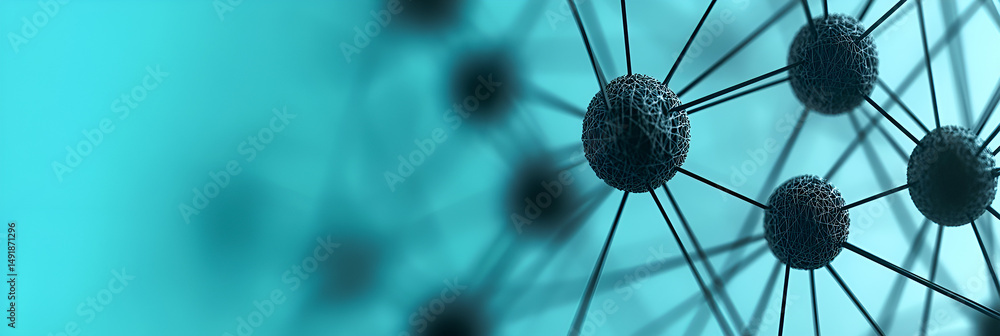 Poster abstract representation of a molecular structure featuring connected spheres against a vibrant teal 