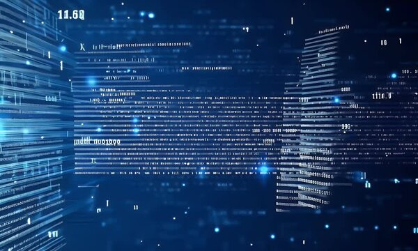  Abstract digital background with binary code and data flowing in blue tones, representing the concept of big tech or information technology. The background features elements like pixelated shapes
