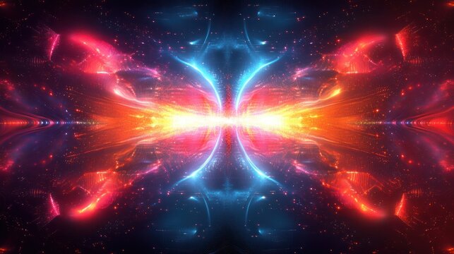 Cosmic energy bursts clashing, symmetrical, dark space background, digital art, vj loop