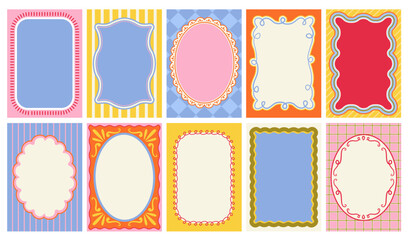 Set of colorful frames with wavy edges. Ornaments, patterns. Doodle, cute retro borders. Design for card, invitation, cover, packaging.