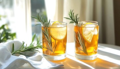 Two amber drinks with ice, lemon, rosemary on white cloth, soft light, green plants, rolled towel.