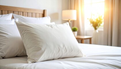 Cozy Bedroom Serenity: A bright and inviting bedroom scene showcasing a pristine, cloud-like bed, radiating comfort and peace, perfect for relaxation and rest. 