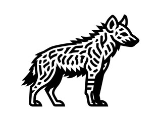 Fototapeta premium A stylized black and white illustration of a hyena features intricate line art patterns throughout its body and legs.