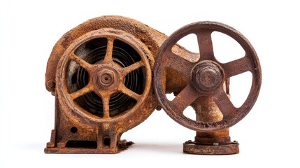 Obraz premium Rusty old industrial pump and pulley isolated on white background.
