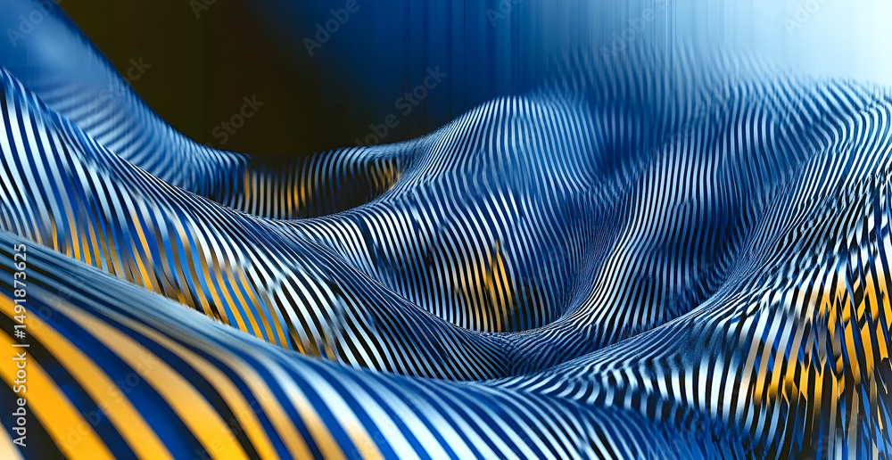 Poster abstract geometric 3d rendering of wavy metallic stripes in blue and yellow tones with dynamic light