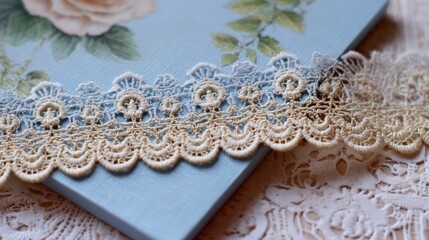 Delicate, cream and beige lace trim with scalloped edges