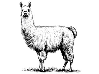 Fototapeta premium A detailed black and white illustration depicts a majestic llama standing proudly in a grassy field showcasing its fluffy coat and serene expression.