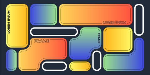 Abstract bento grid shapes on black background. Contemporary vector illustration of blue, yellow, orange gradient frames, geometric collage layout, web design template, y2k retro futuristic banner