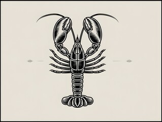 A detailed vintage illustration of a lobster in black and white on a beige background perfect for nautical themed designs and s.
