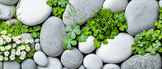 Nature Garden Background with Stones and Plants