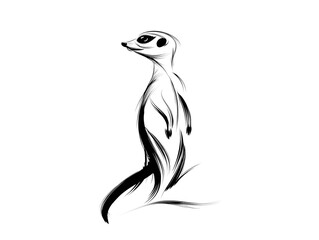 Fototapeta premium A stylized black and white illustration of a meerkat standing tall on its hind legs against a white background.
