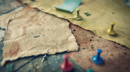 A close up of a vintage map with colorful push pins and a small note on a textured surface