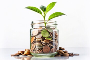 Plant Sprouting from Coin Jar:  Growth, Finance, Nature Concept Stock Photo