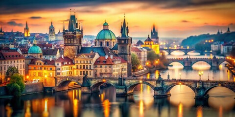 Fototapeta premium Prague Travel Poster: Blurred Cityscape & Architectural Details