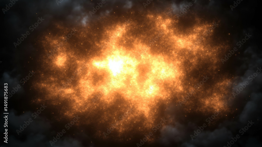 Poster fiery explosion against a dark background with glowing particles and cosmic elements