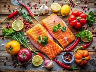 Raw Salmon Steaks with Vegetables & Spices - Rustic Top View Drone Photo