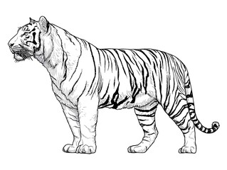 A detailed hand-drawn illustration depicts a majestic Bengal tiger standing proudly in profile view against a stark white background.