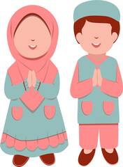 Muslim Children in Traditional Clothing, Greeting Gesture
