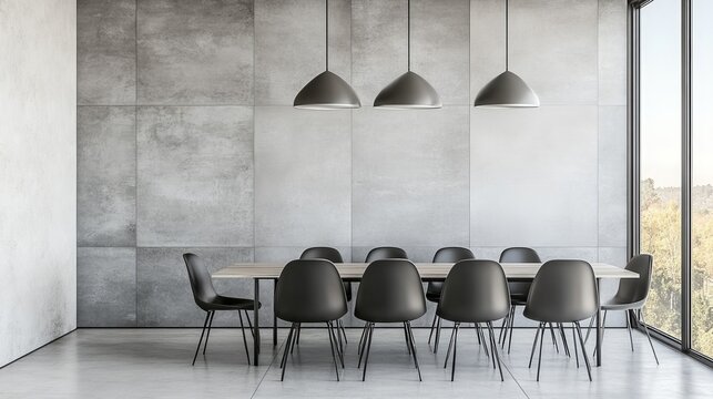 Modern dining area with gray tiled walls, black chairs, and a long table