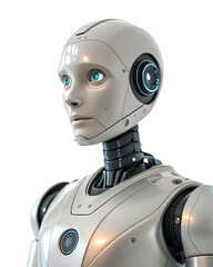 AI humanoid robot looking at camera on white background, PNG
