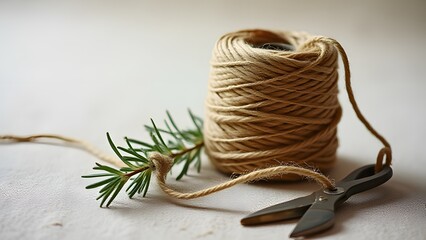 Closeup Rustic Hemp Twine Ball with Rosemary Sprig and Vintage Scissors