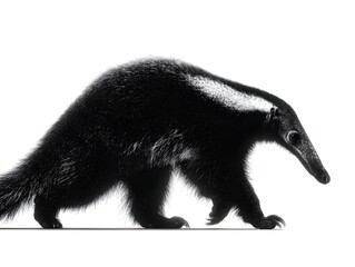 Fototapeta premium A striking black and white profile photograph showcases a giant anteater walking gracefully against a pure white background.