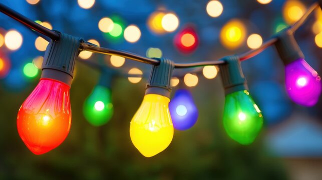 Close-up of multicolored string lights glowing with a soft, blurred background, ideal for festive designs.