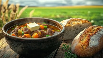 Bowl of vegetable and meat stew with bread on a wooden table against countryside view.