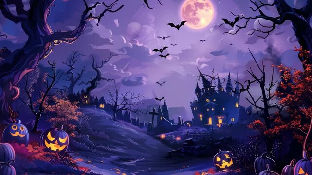 A spooky Halloween landscape with glowing pumpkins and a haunted house under a full moon. Low-angle view, perfect for a themed video backdrop. Live desktop wallpaper.