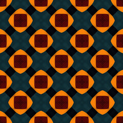 Rich African style geometric background. Orange diamond shapes with textured red interiors. Set on a dark teal background. High-quality JPG pattern for versatile applications.