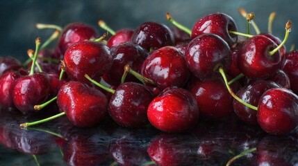 Fresh, juicy cherries piled high, glistening with moisture