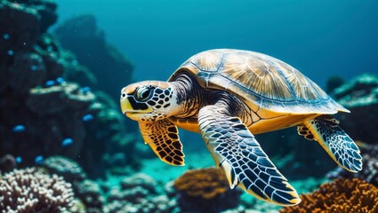 Fototapeta premium A sea turtle gracefully glides over a vibrant coral reef at Faro 3, showcasing the beauty and high fidelity of underwater ecosystems in a captivating scene.