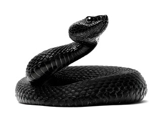 Fototapeta premium A striking black viper coiled defensively against a pure white background showcasing intricate scales and intense gaze.