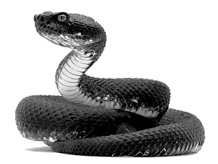 Fototapeta premium A striking black and white image of a venomous viper coiled and poised defensively on a stark white background.