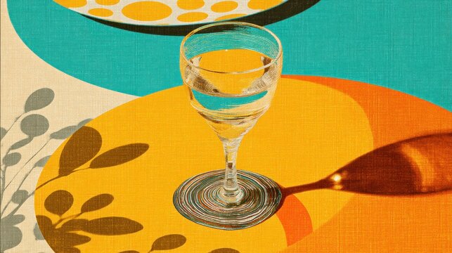 Stylish wine glass on a colorful table
