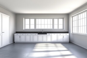 Obraz premium Empty, modern kitchen interior design with sunlight.