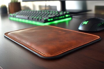 Brown leather mousepad on wooden desk