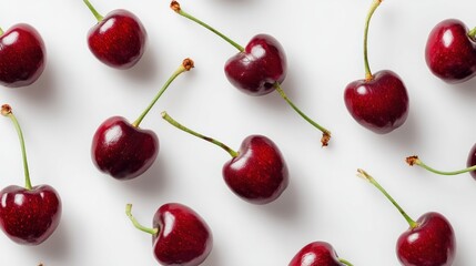 Fresh red cherries arranged on a white background