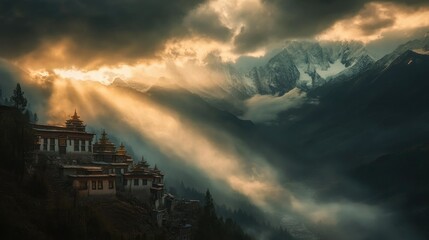 Serene Mountain Landscape with Glowing Temple during Sunset
