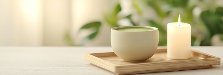 ChatGPT said: Soothing Moments with Green Tea and the Rich Flavor of Matcha, A serene setting featuring a candle and a bowl, evoking tranquility and relaxation.