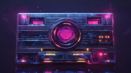 Obraz premium Futuristic camera, glowing, dark background, digital art, tech concept