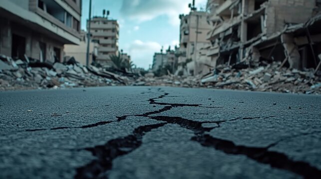 A cracked street with damaged buildings under a gloomy sky in a post-war wasteland.