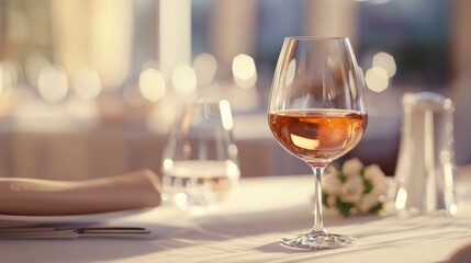 A glass of ros? wine at a romantic restaurant setting, bathed in warm sunlight.