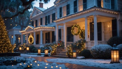 Obraz premium Historic Charleston home glows with holiday lights and wreaths, showcasing Christmas spirit and high fidelity charm in a snowy winter scene with festive cheer.